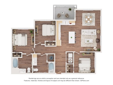 A 3D floor plan of a house with a kitchen, living room, and bathrooms.
